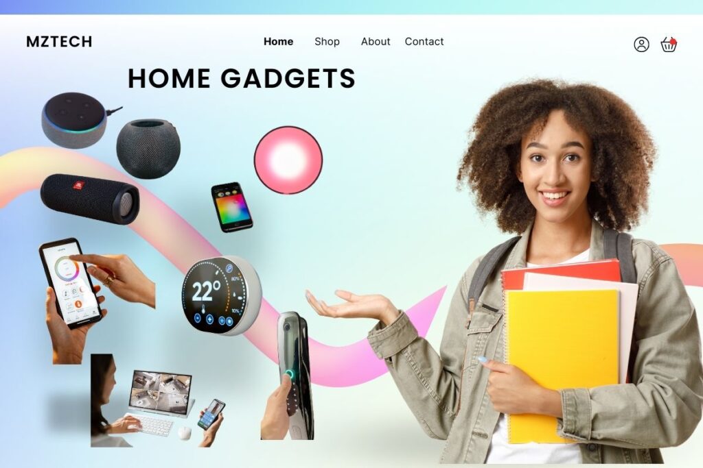 MZTech website homepage featuring a modern design with the title 'Home Gadgets.' The image showcases various smart home devices, including a smart speaker, portable Bluetooth speaker, smart thermostat, and smart lighting control. A smiling woman holding notebooks stands on the right, representing a friendly and inviting tone. The navigation menu at the top includes Home, Shop, About, and Contact options, with user account and cart icons on the far right.